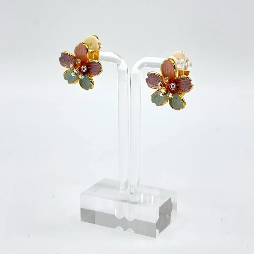 Vintage Pink Purple Blue Flower Rhinestone Clip-On Earrings Estate Statement